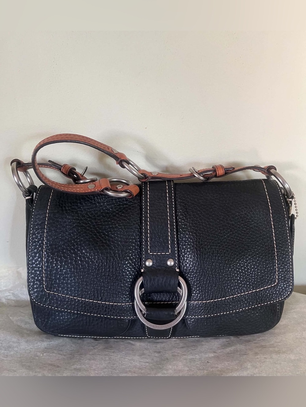 Coach Black Pebbled Leather Shoulder Bag with Tan Strap Accents